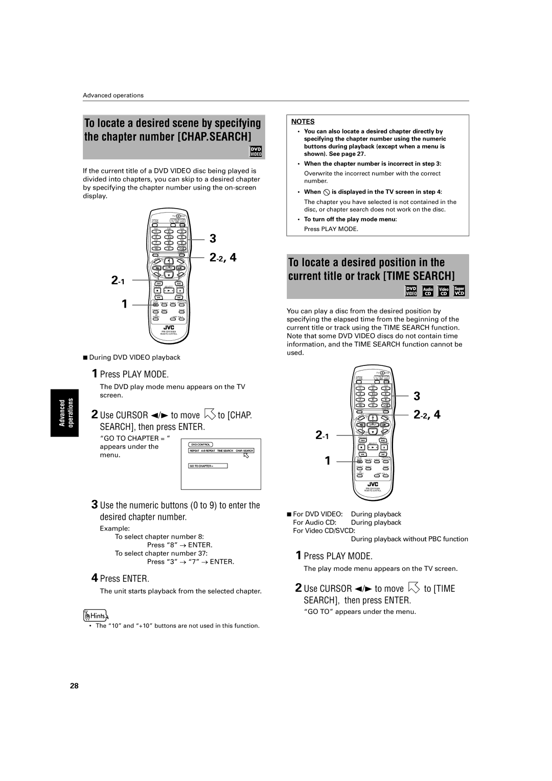 JVC XV-S300BK manual Press Play Mode, Use Cursor 2/3 to move To Chap SEARCH, then press Enter, Press Enter 