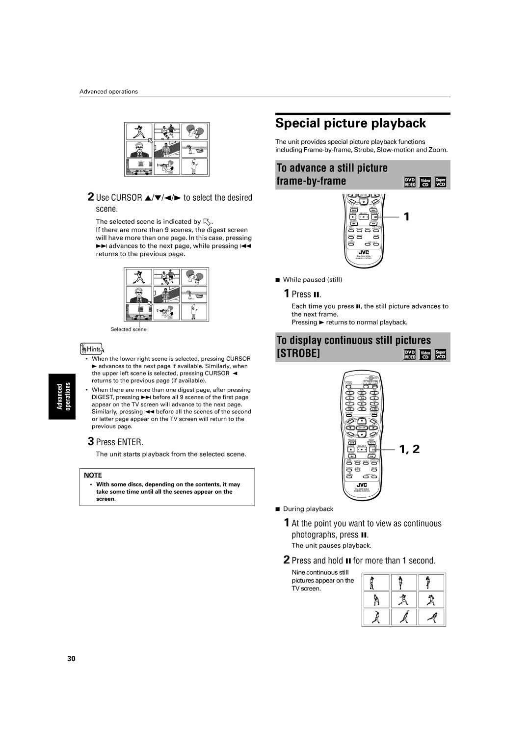 JVC XV-S300BK manual Special picture playback, To display continuous still pictures Strobe 