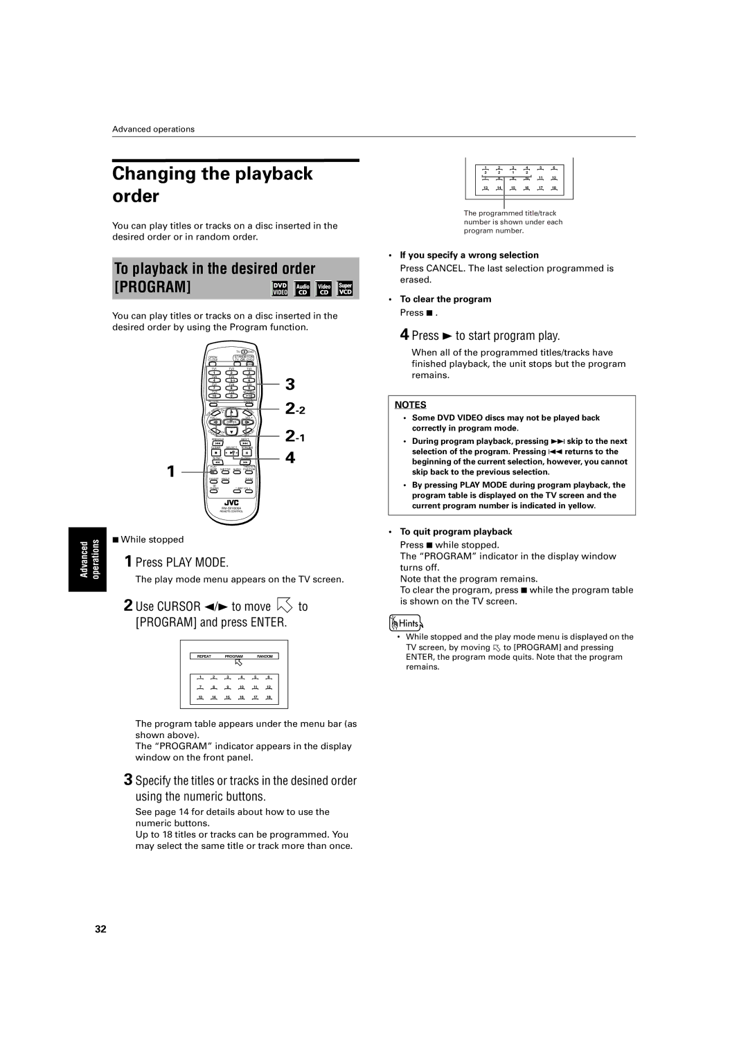 JVC XV-S300BK manual Changing the playback order, To playback in the desired order Program, Press 3 to start program play 