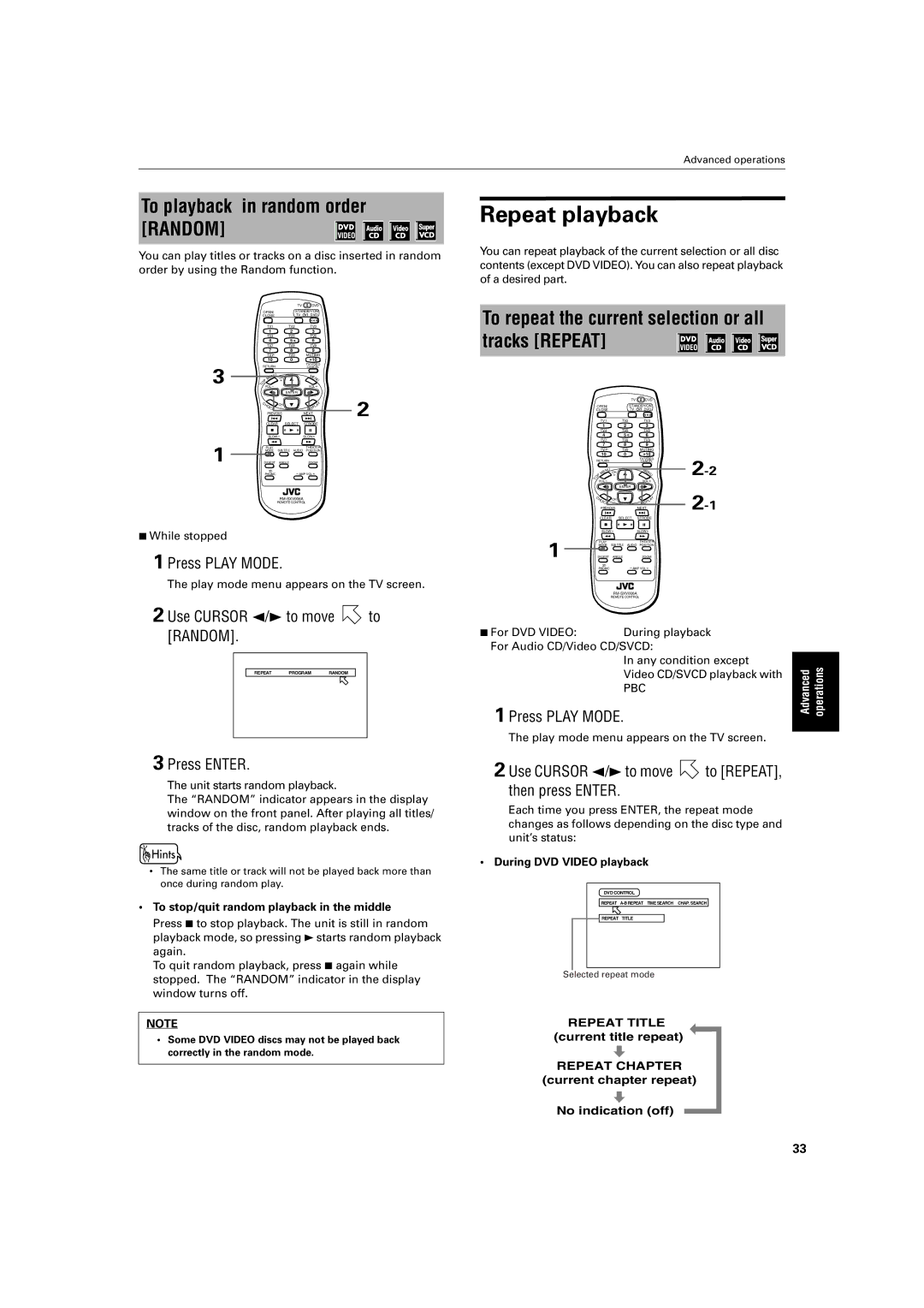 JVC XV-S400BK, XV-S402SL, XV-S300BK, XV-S302SL manual Repeat playback, To playback in random order Random 