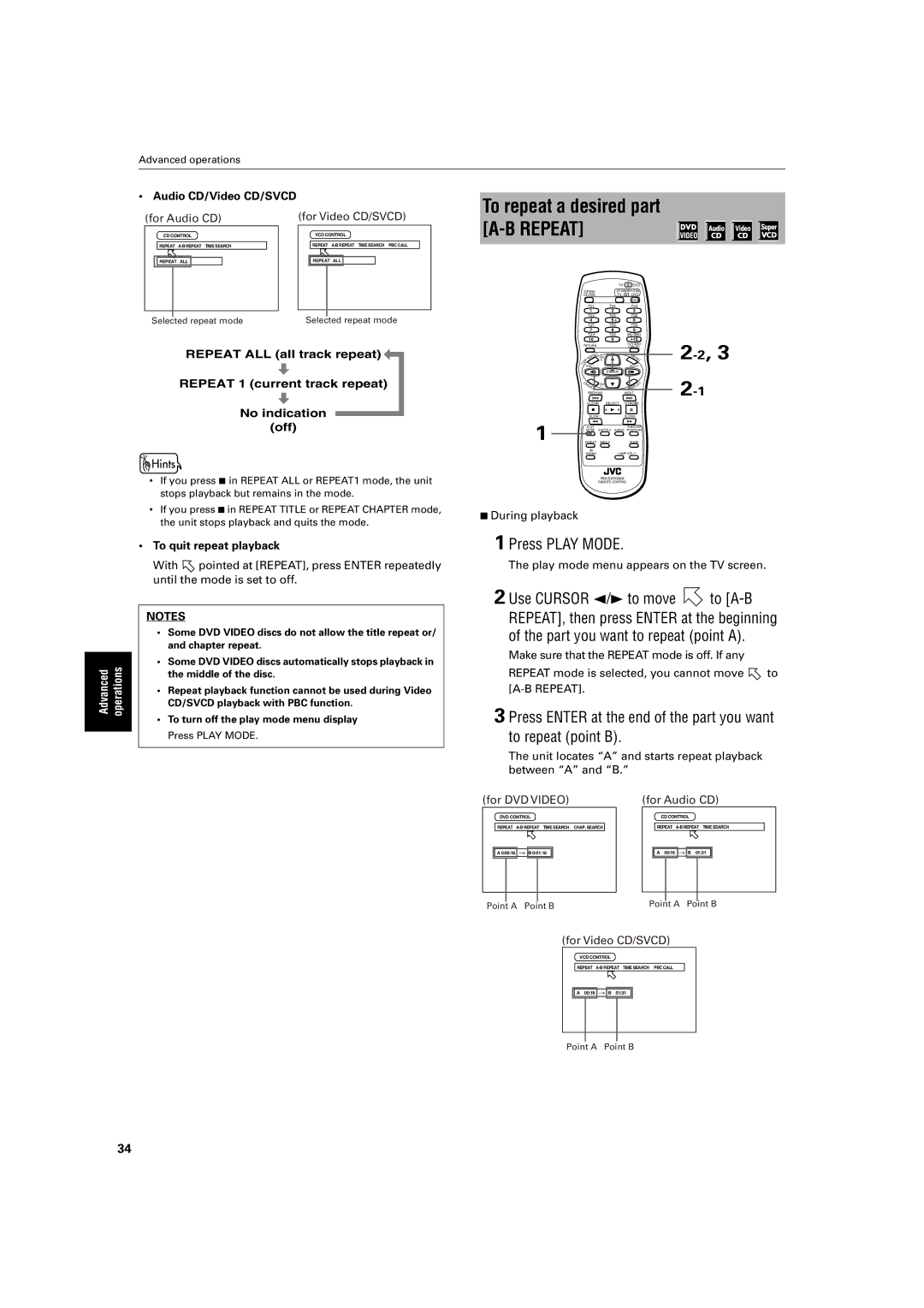 JVC XV-S300BK manual To repeat a desired part A-B Repeat, Audio CD/Video CD/SVCD For Audio CD For Video CD/SVCD 