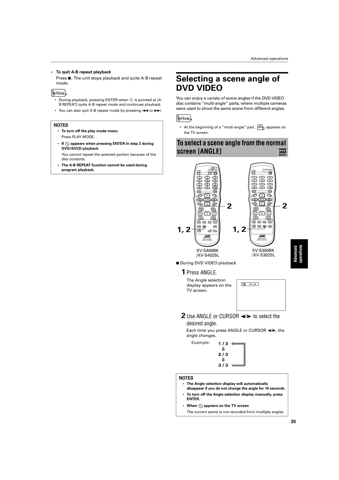 JVC XV-S400BK, XV-S402SL, XV-S300BK, XV-S302SL manual Selecting a scene angle, Press Angle, To quit A-B repeat playback 