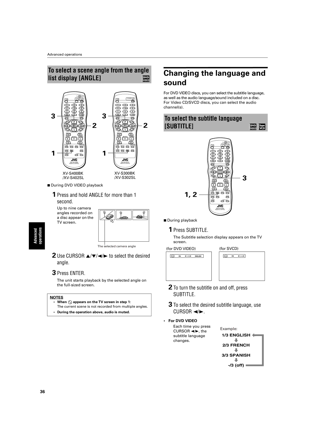 JVC XV-S300BK Changing the language and sound, To select a scene angle from the angle list display Angle, Press Subtitle 