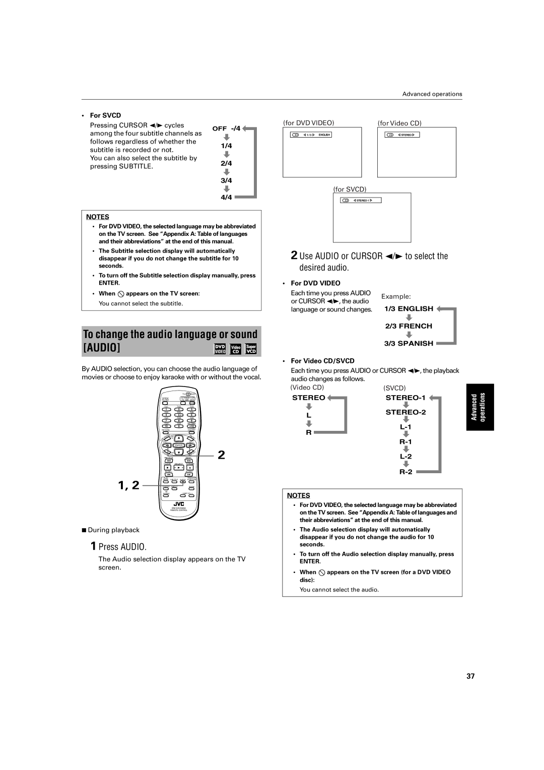 JVC XV-S400BK, XV-S402SL, XV-S300BK, XV-S302SL manual To change the audio language or sound Audio, Press Audio 