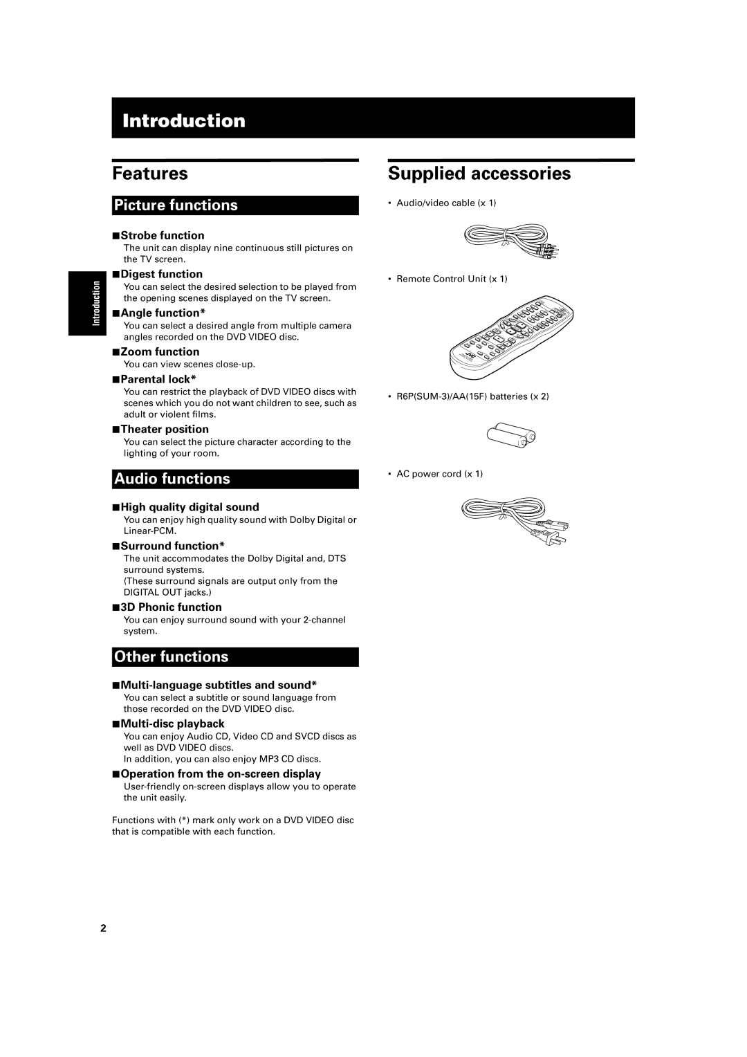 JVC XV-S400BK, XV-S402SL, XV-S300BK, XV-S302SL manual Introduction, Features, Supplied accessories 