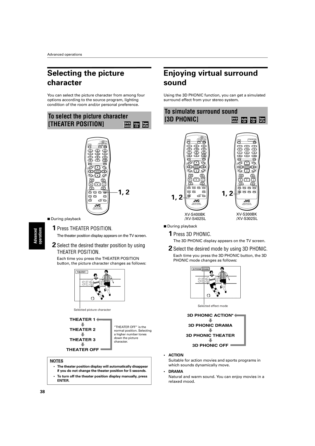 JVC XV-S300BK manual Selecting the picture character, Enjoying virtual surround sound, To select the picture character 