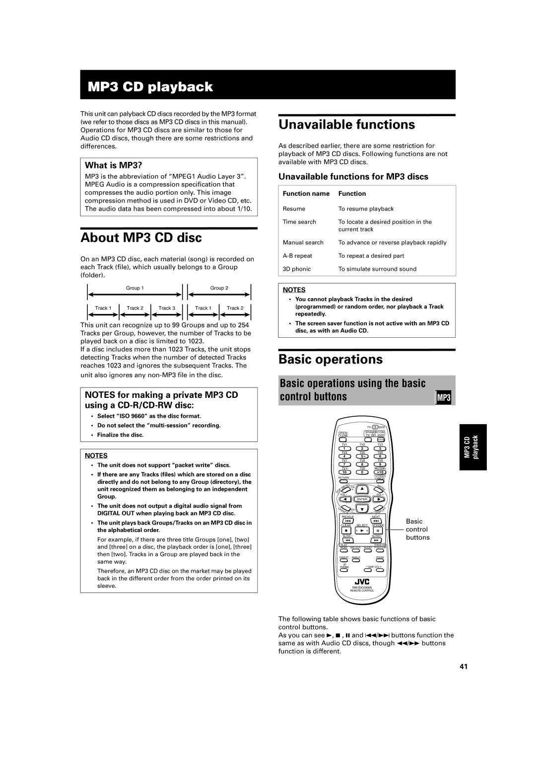 JVC XV-S400BK, XV-S402SL, XV-S300BK, XV-S302SL MP3 CD playback, About MP3 CD disc, Unavailable functions, Basic operations 