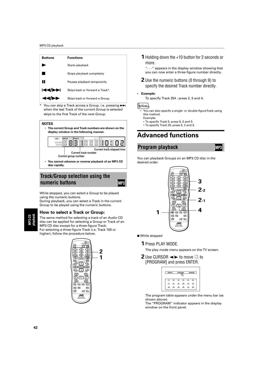 JVC XV-S300BK manual Advanced functions, Track/Group selection using the numeric buttons, Program playback 