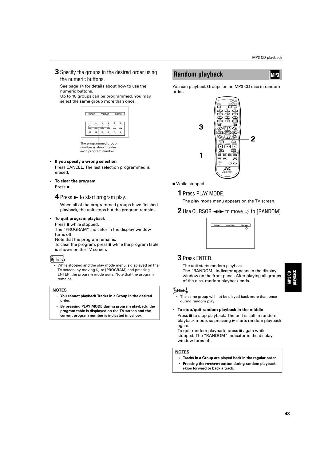 JVC XV-S400BK, XV-S402SL, XV-S300BK, XV-S302SL Random playback, You can playback Groups on an MP3 CD disc in random order 