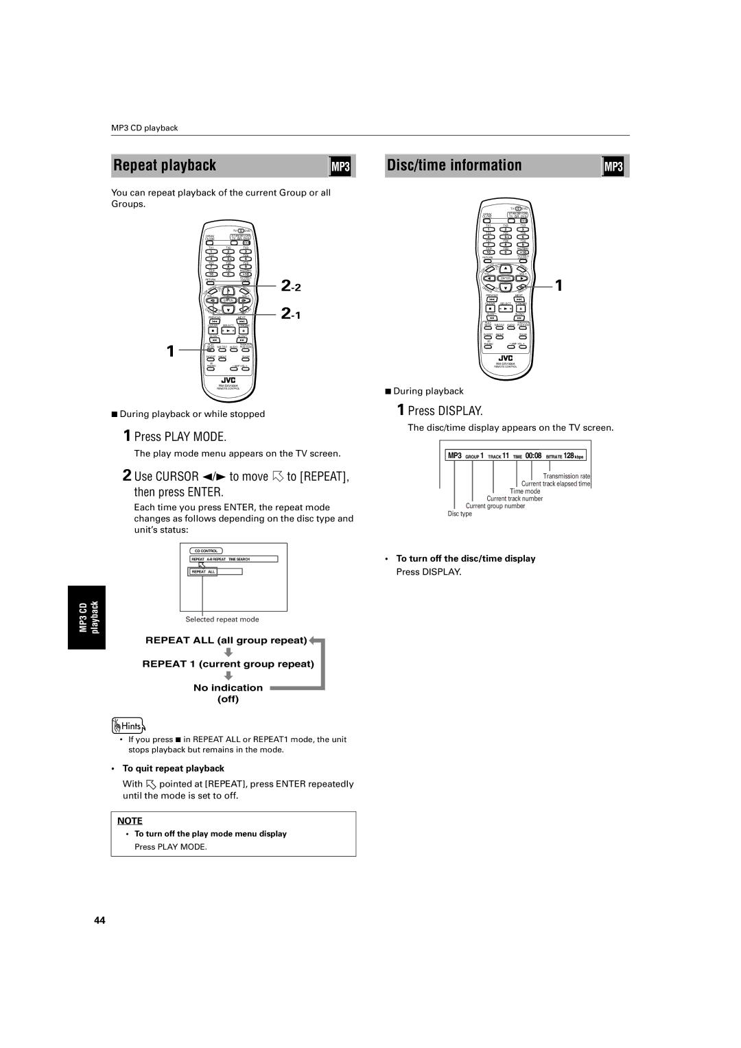 JVC XV-S300BK manual Repeat playback, Disc/time information, You can repeat playback of the current Group or all Groups 