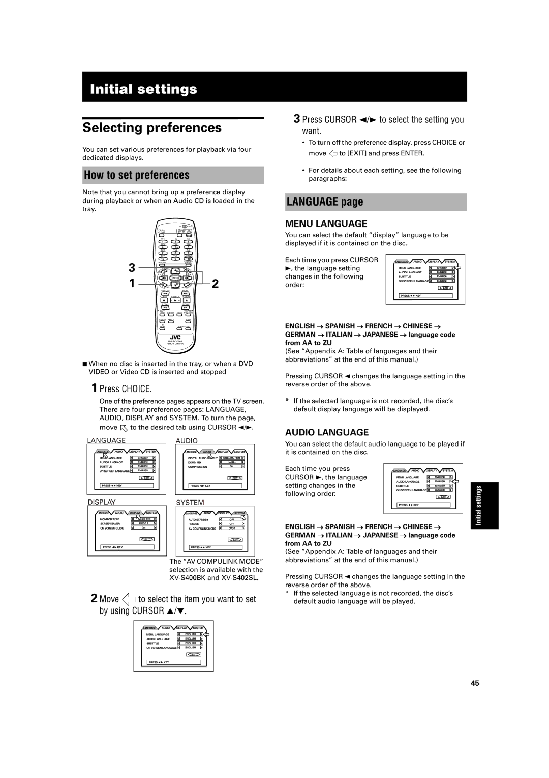 JVC XV-S400BK, XV-S402SL, XV-S300BK, XV-S302SL Initial settings, Selecting preferences, How to set preferences, Language 