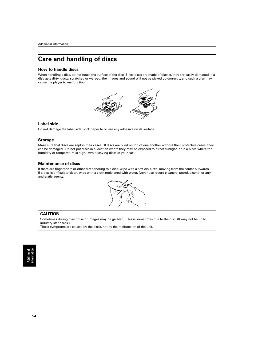 JVC XV-S300BK manual Care and handling of discs, How to handle discs, Label side, Storage, Maintenance of discs 