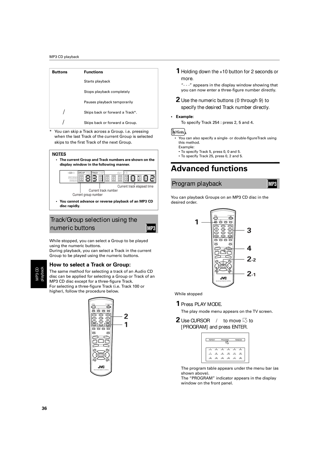 JVC XV- S300BK, XV-S300BK/XV-S302SL manual Advanced functions 