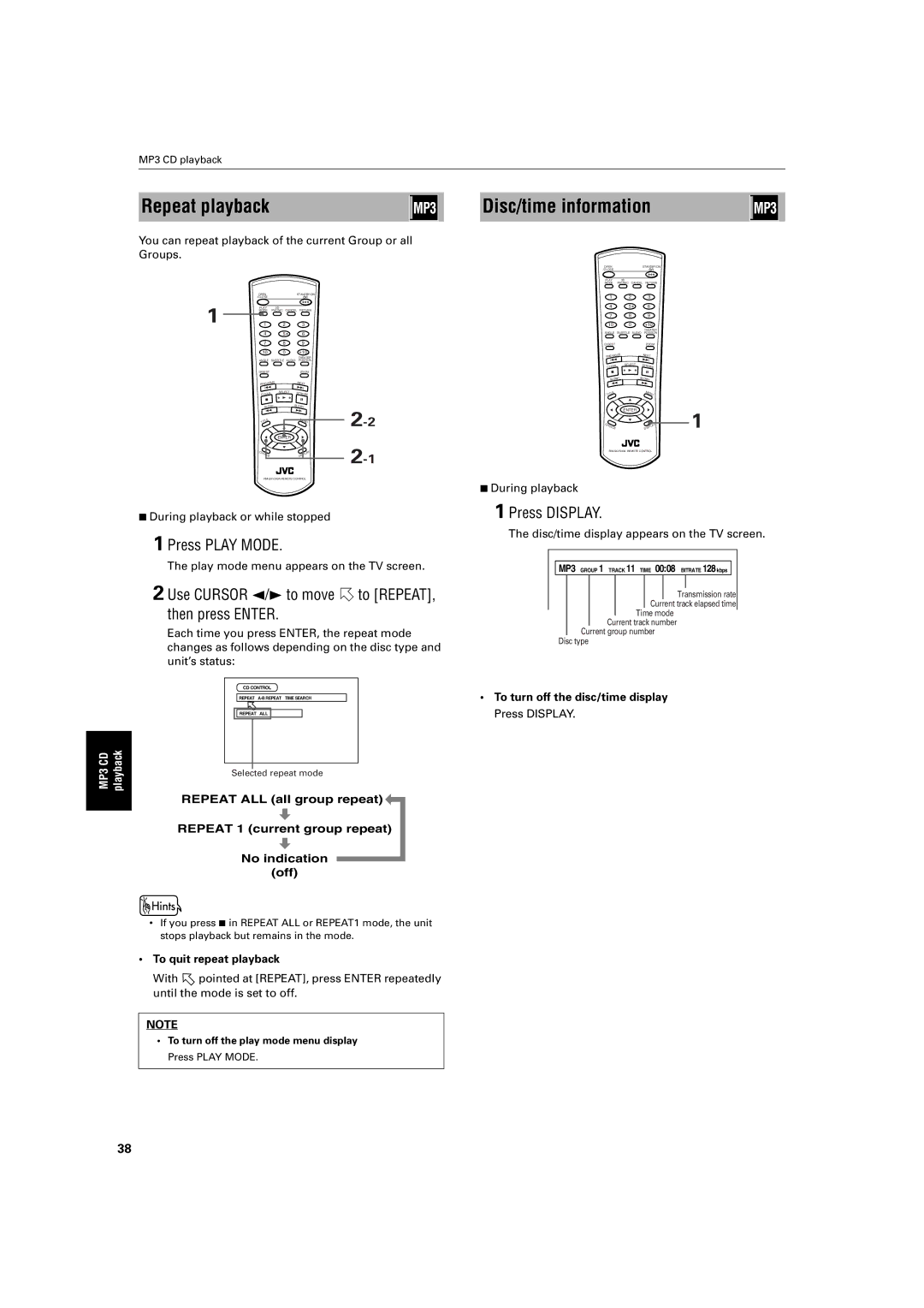 JVC XV-S300BK/XV-S302SL, XV- S300BK manual Repeat playback, Use Cursor 2/3 to move to REPEAT, then press Enter 