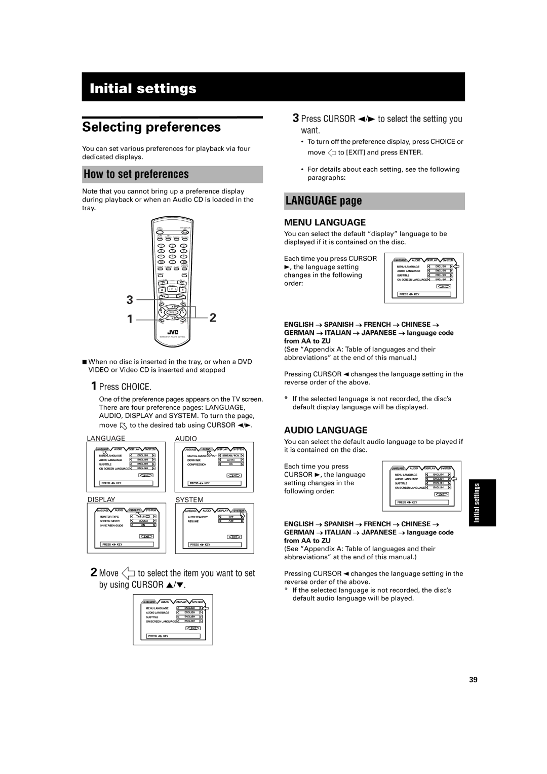 JVC XV- S300BK, XV-S300BK/XV-S302SL manual Initial settings 