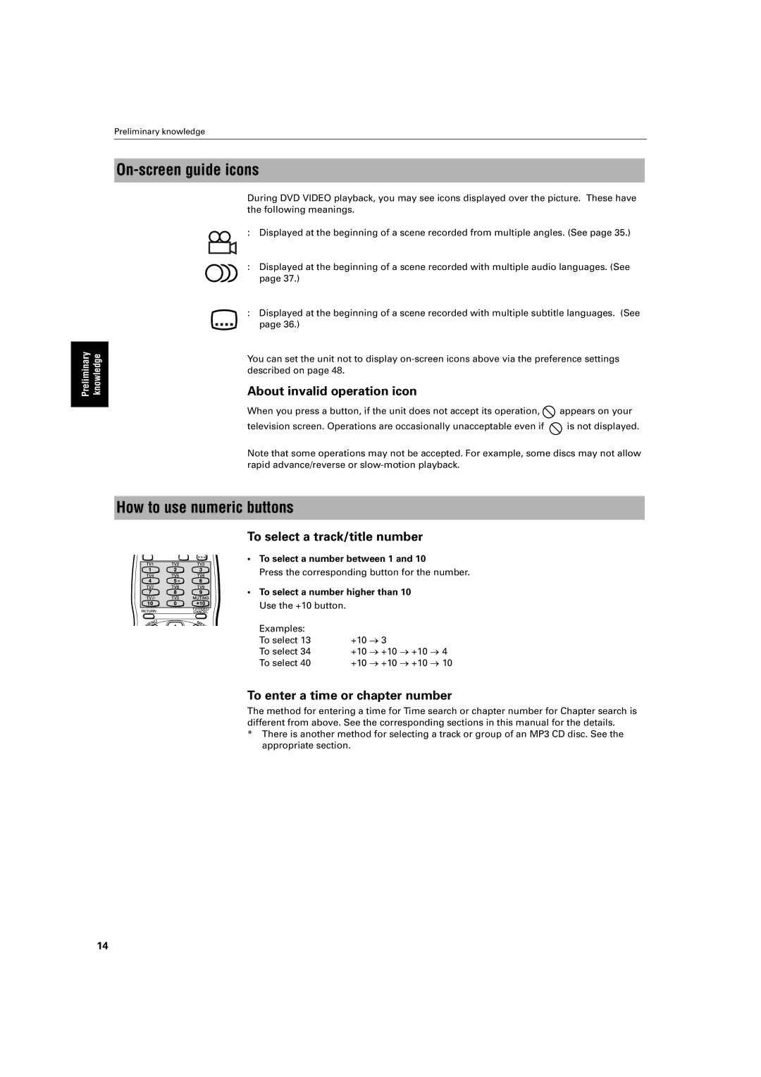 JVC XV-S300BK/XV-S302SL, XV- S300BK manual On-screen guide icons, How to use numeric buttons, About invalid operation icon 