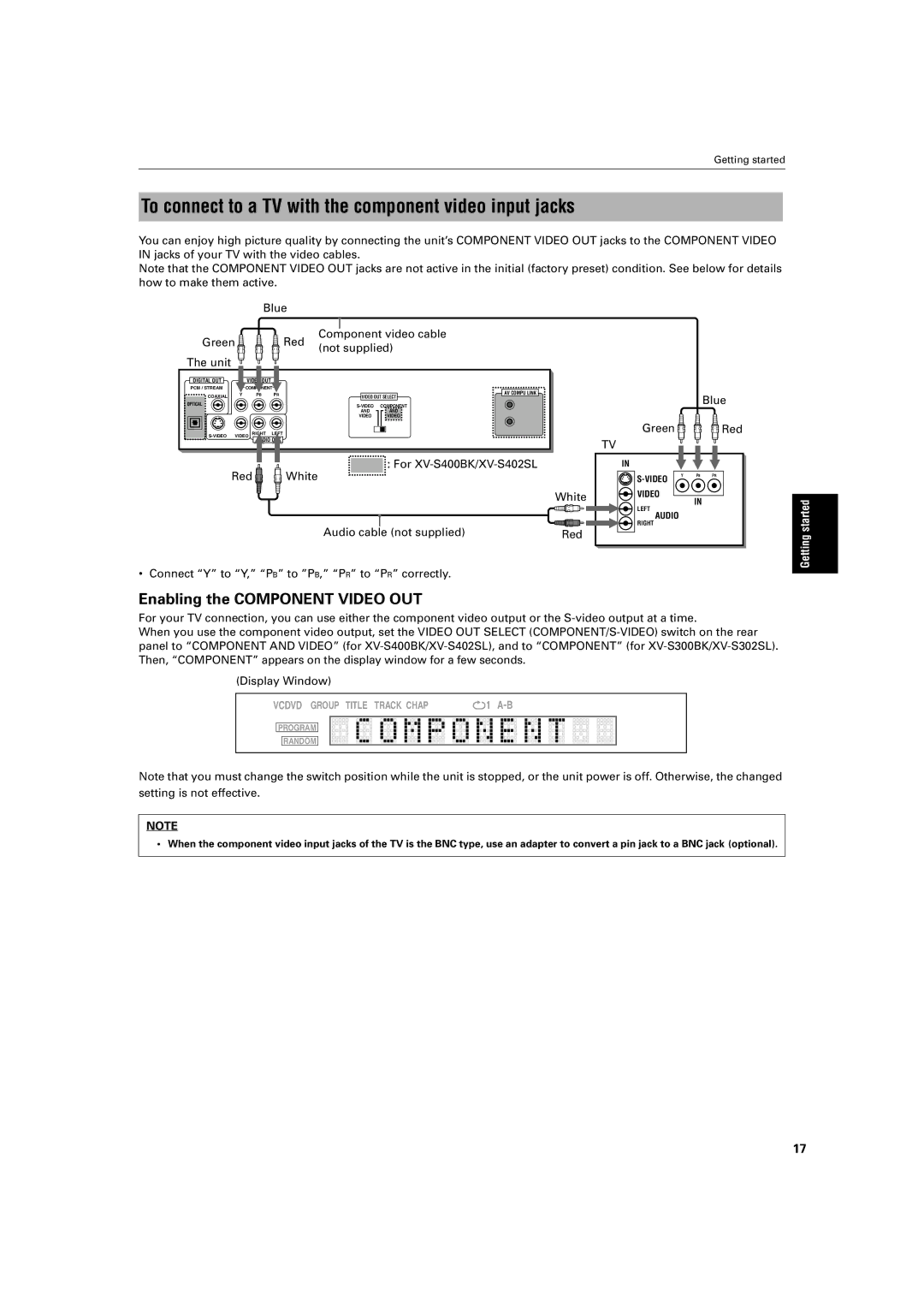 JVC XV-S300BK/XV-S302SL manual To connect to a TV with the component video input jacks, Enabling the Component Video OUT 