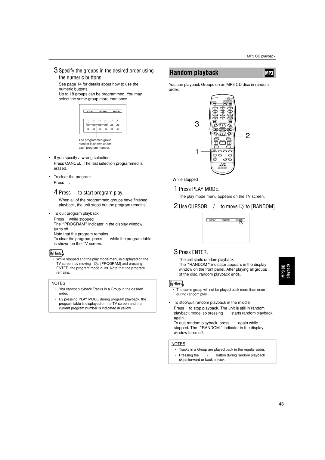 JVC XV-S302SL manual Random playback, You can playback Groups on an MP3 CD disc in random order, Disc, random playback ends 