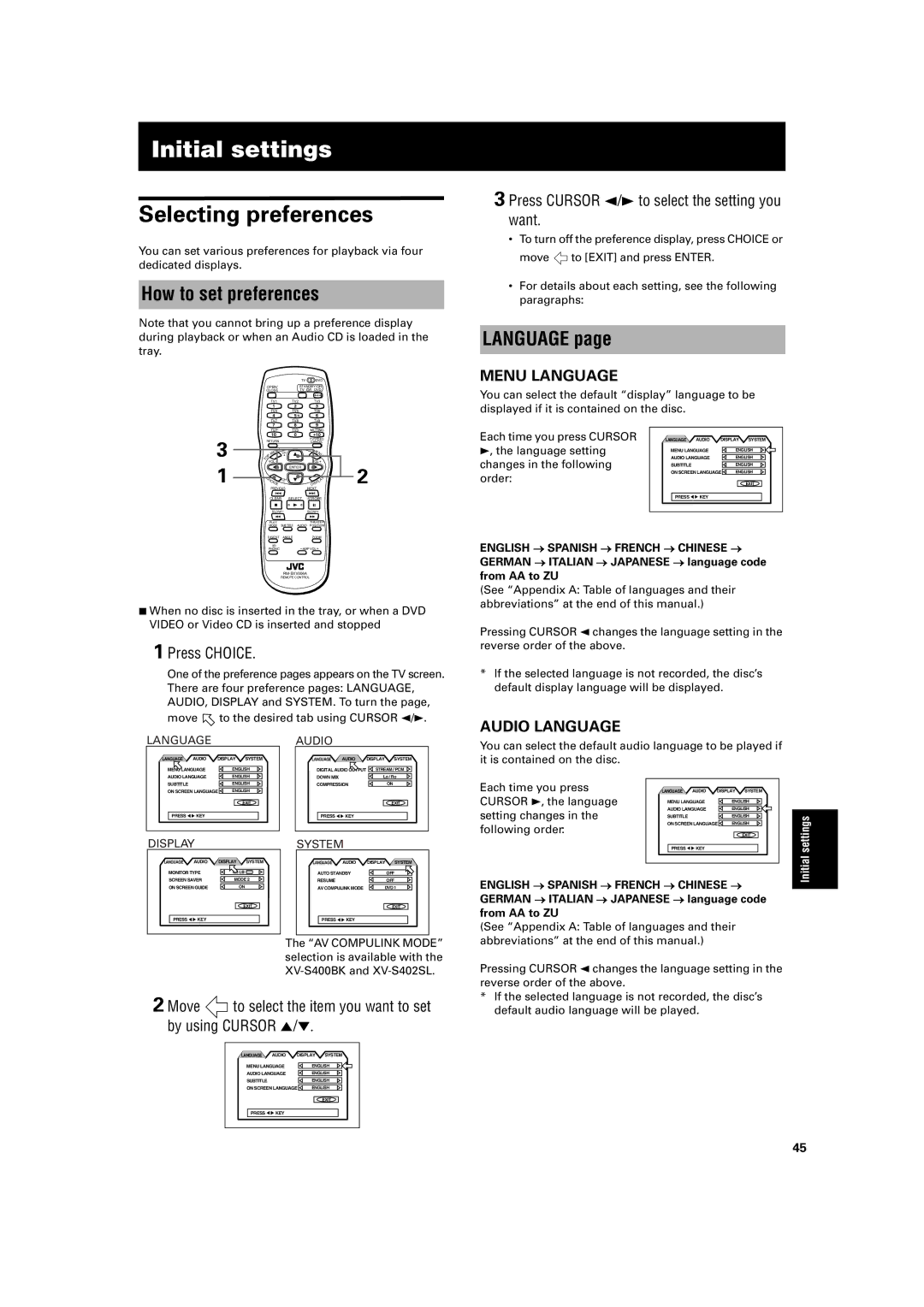 JVC XV- S300BK, XV-S300BK/XV-S302SL manual Selecting preferences, How to set preferences, Language 