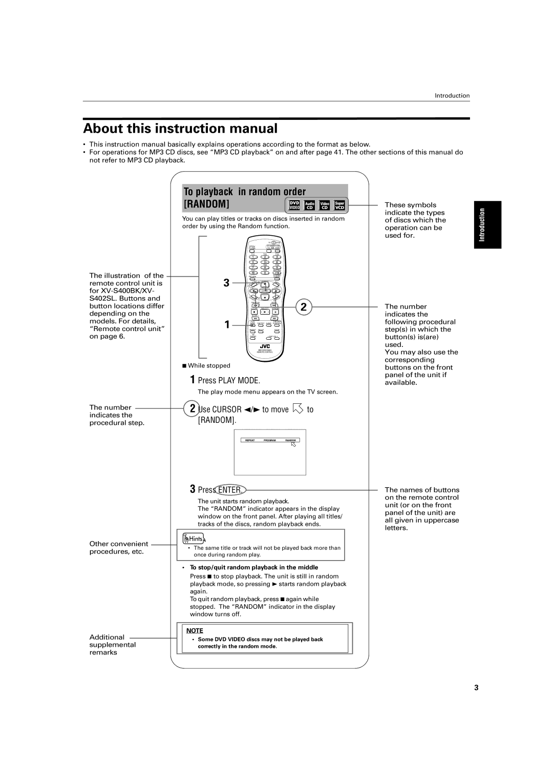 JVC XV- S300BK, XV-S302SL manual To playback in random order Random, To stop/quit random playback in the middle 