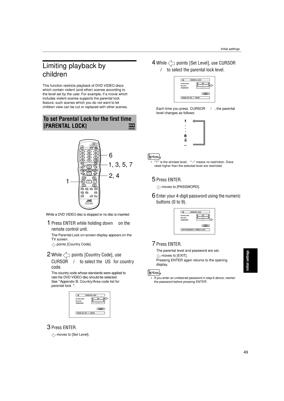 JVC XV-S302SL manual Limiting playback by children, To set Parental Lock for the first time, While points Country Code, use 