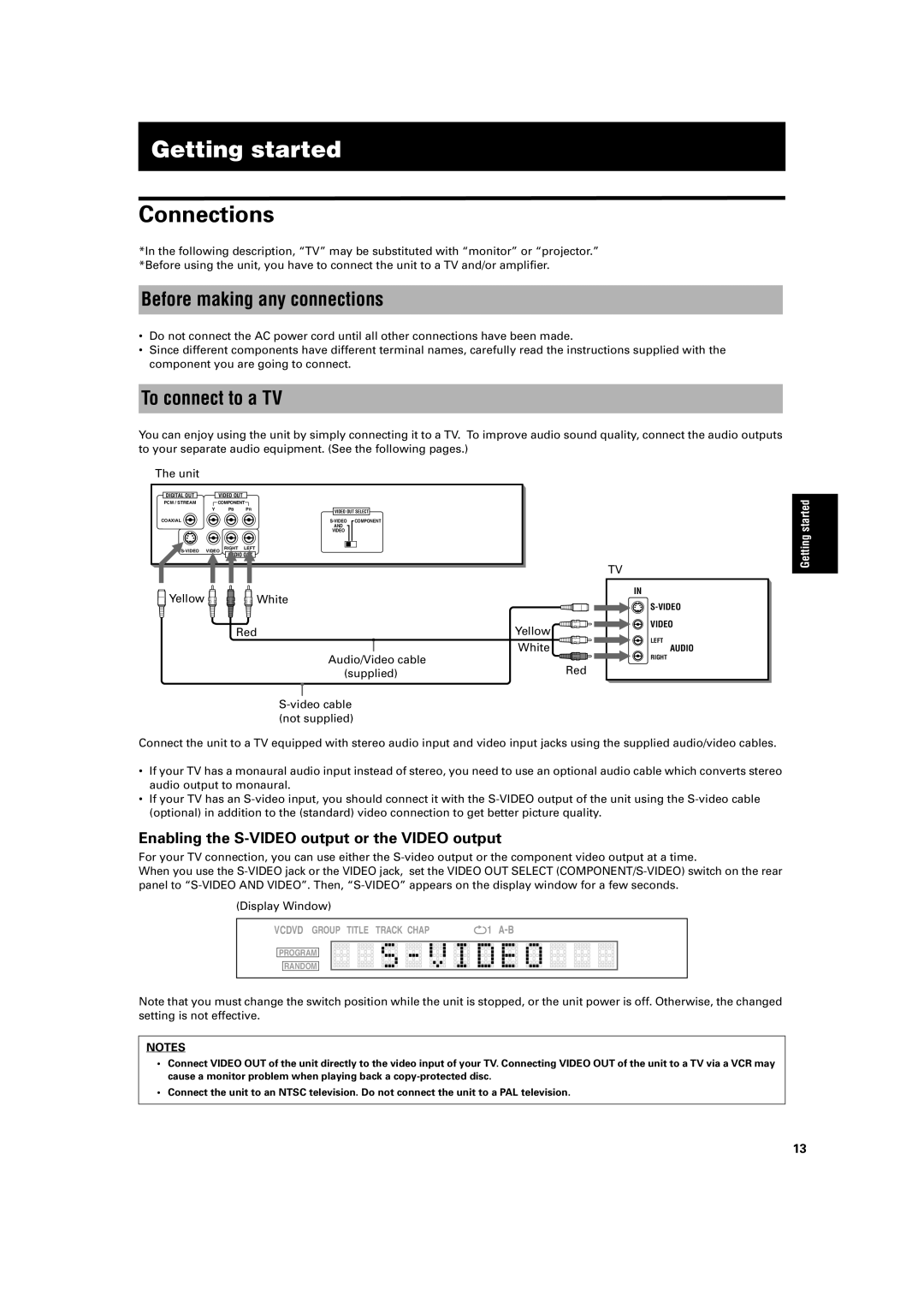 JVC XV-S300BK/XV-S302SL, XV- S300BK manual Connections, Yellow White Red Audio/Video cable 