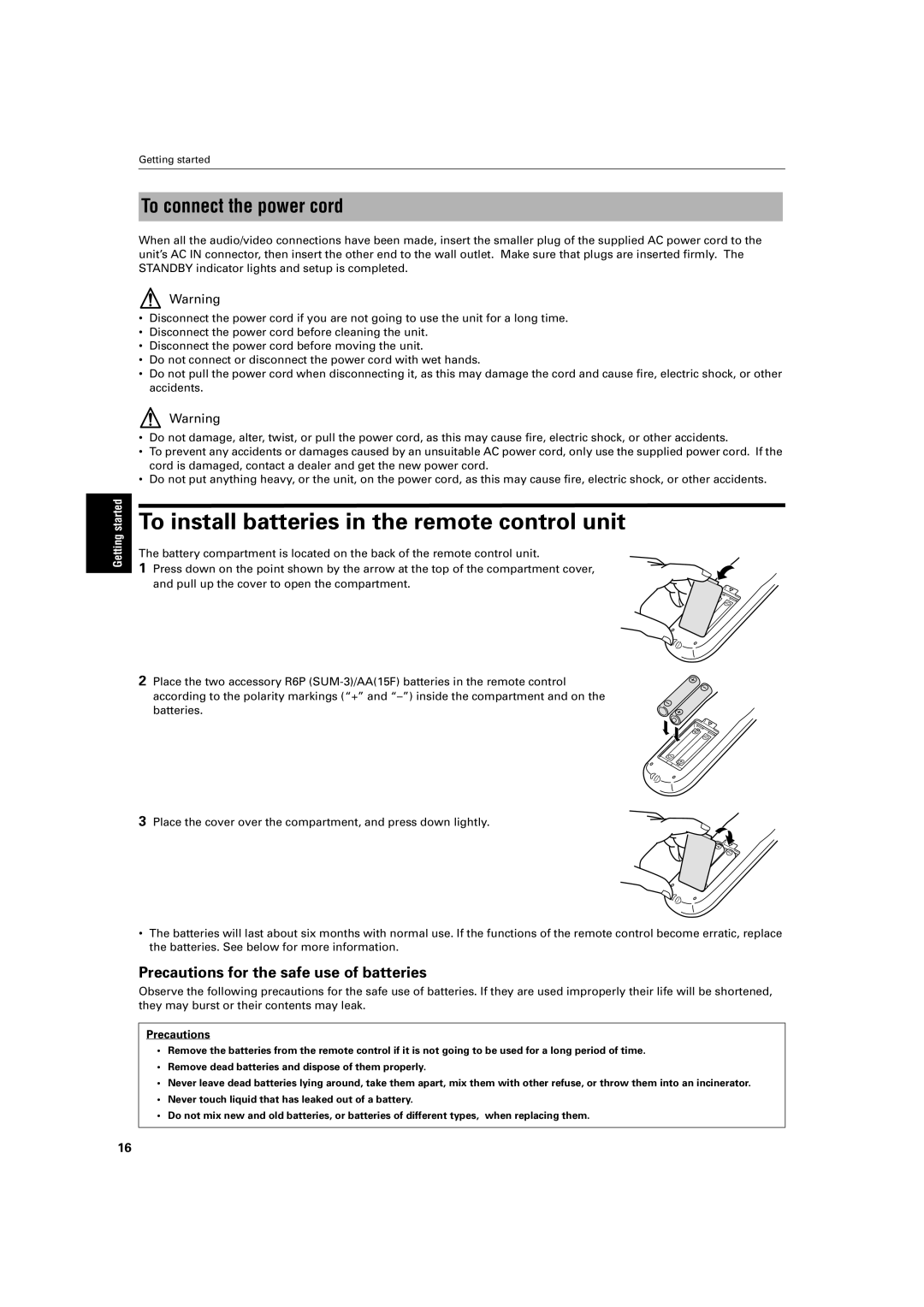 JVC XV-S300BK/XV-S302SL, XV- S300BK manual To install batteries in the remote control unit 