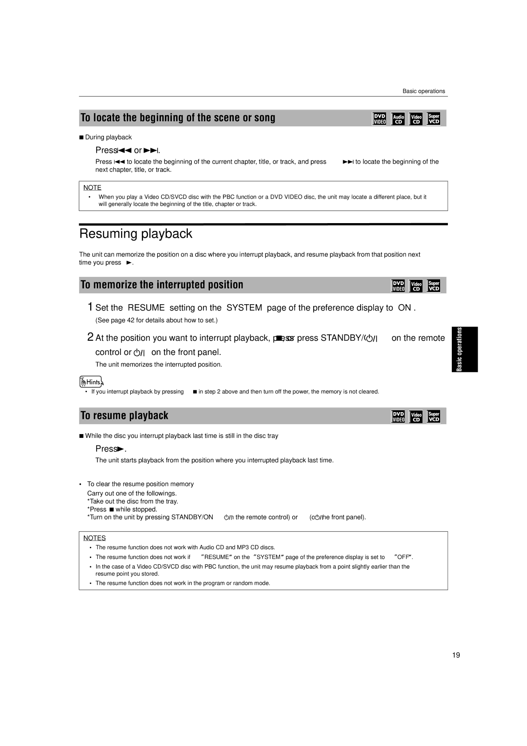 JVC XV-S300BK/XV-S302SL manual To locate the beginning of the scene or song, See page 42 for details about how to set 