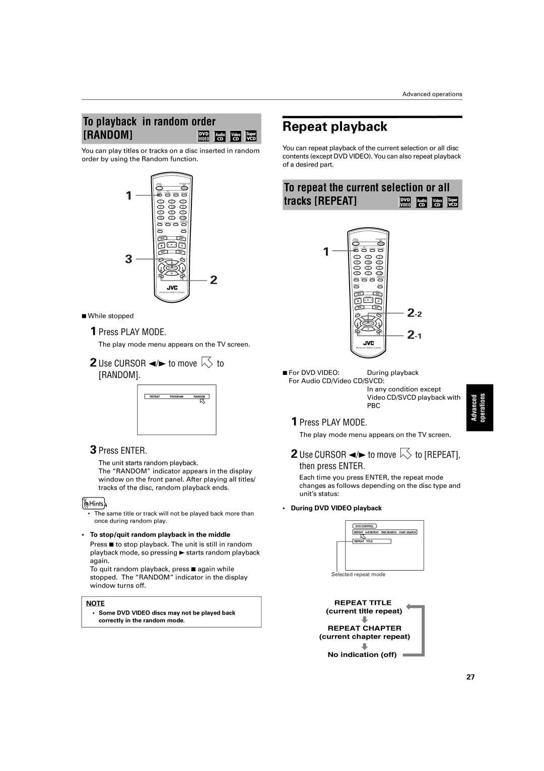 JVC XV- S300BK, XV-S302SL manual To playback in random order Random, Use Cursor 2/3to move to REPEAT, then press Enter 