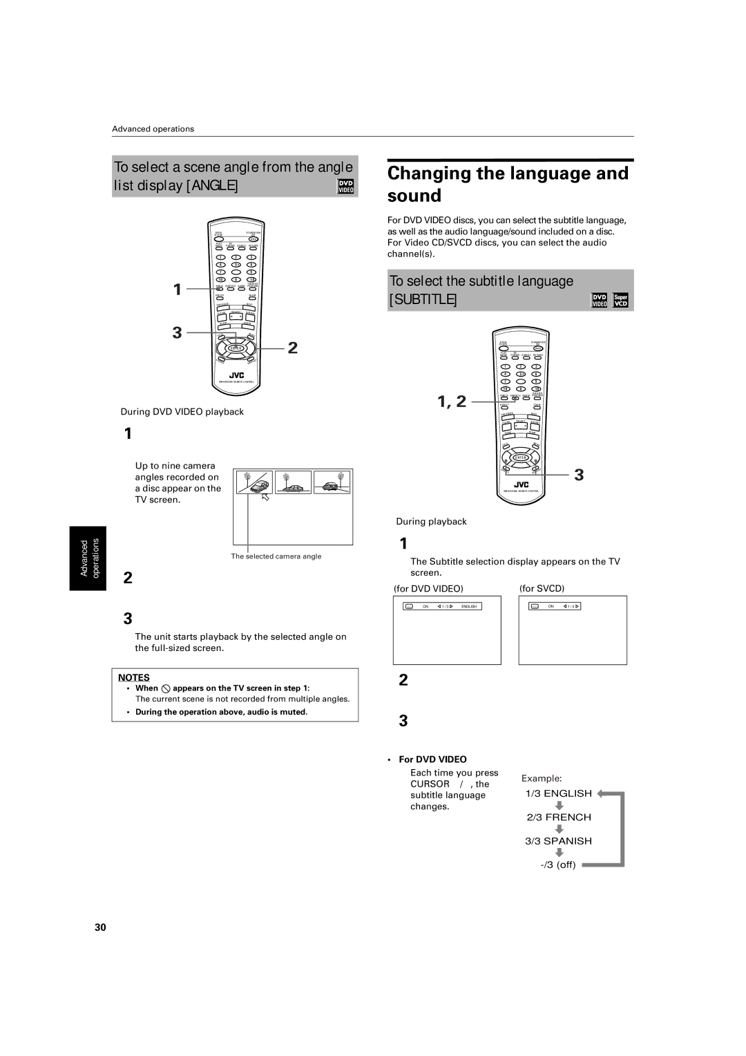 JVC XV- S300BK List display Angle, To select the subtitle language Subtitle, Press and hold Angle for more than 1 second 