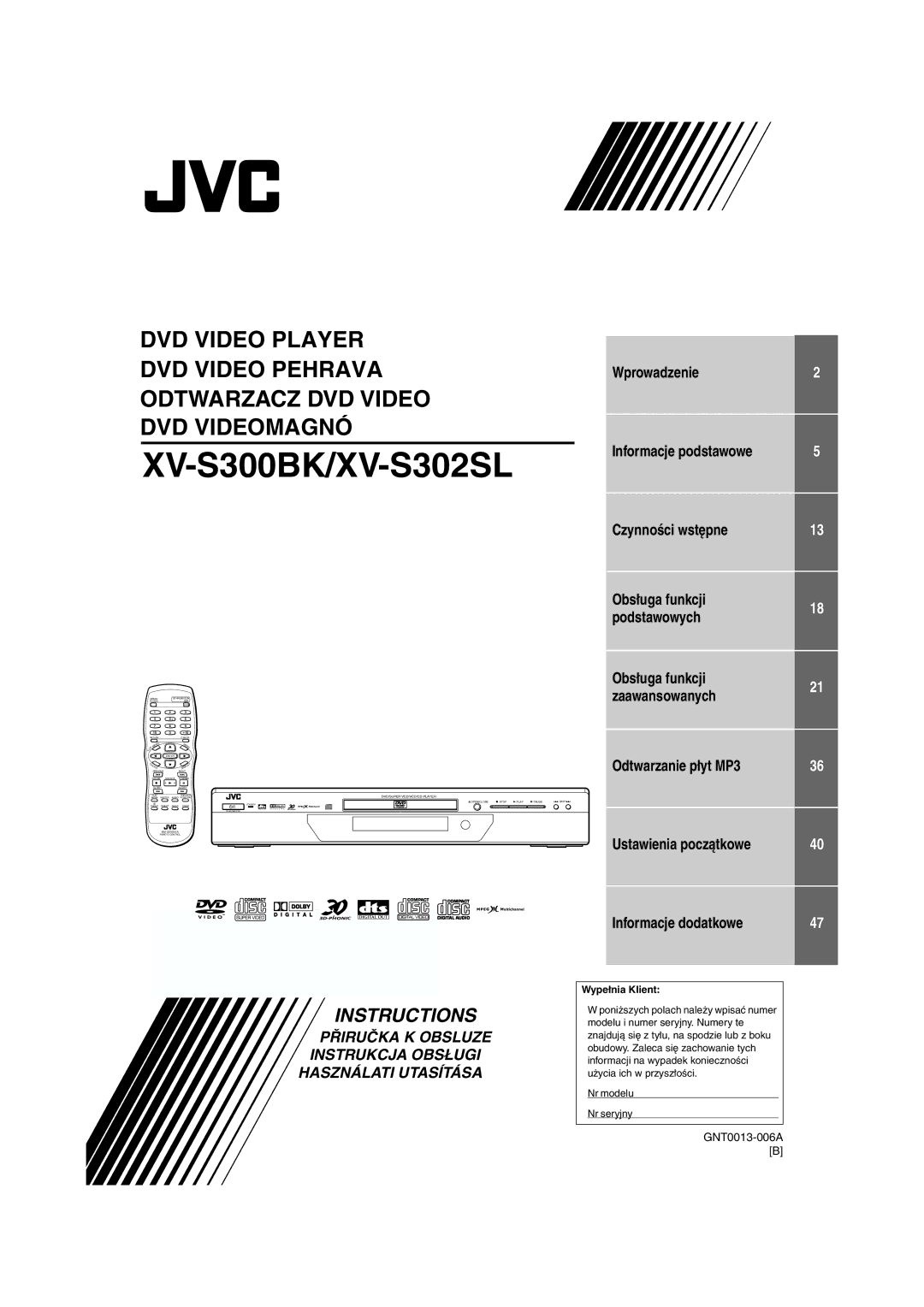 JVC XV-S302SL manual Wprowadzenie Informacje podstawowe Czynności wstępne, Odtwarzanie płyt MP3, Ustawienia początkowe 