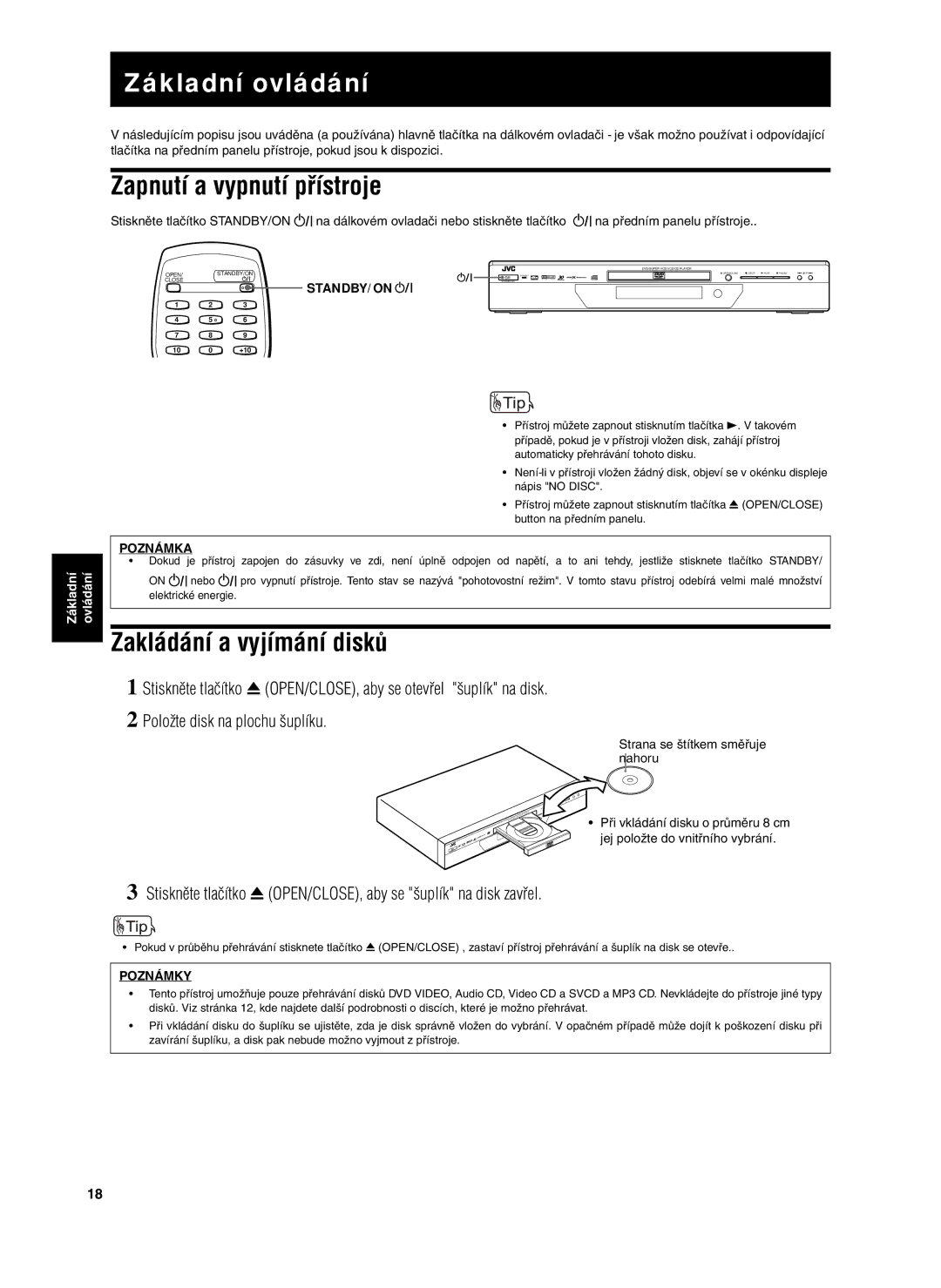 JVC XV-S302SL manual Zapnutí a vypnutí přístroje, Zakládání a vyjímání disků, Standby/On 
