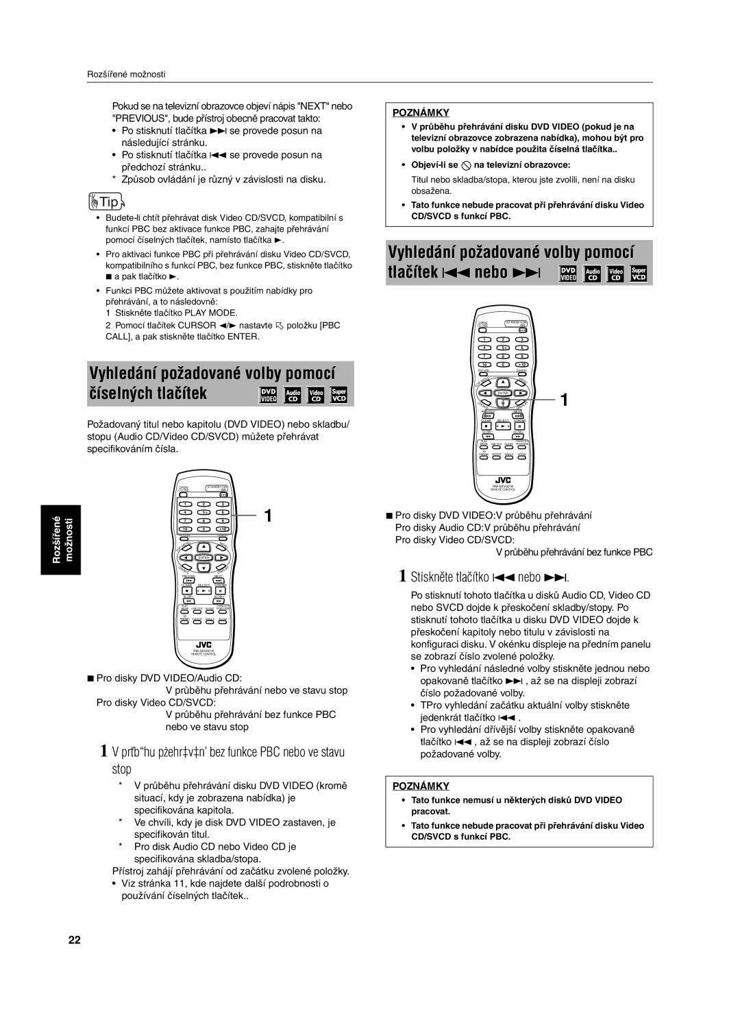 JVC XV-S302SL manual Tlačítek 4 nebo ¢, Prťbhu pżehr‡v‡n’ bez funkce PBC nebo ve stavu stop 