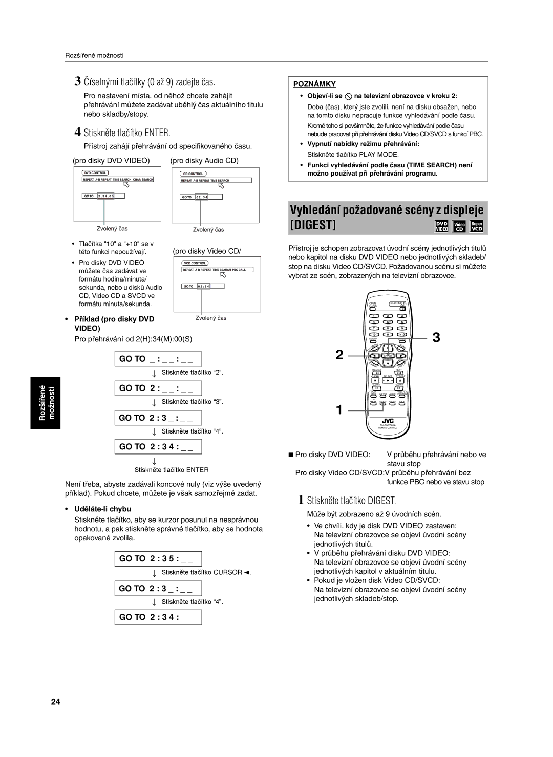 JVC XV-S302SL manual Vyhledání požadované scény z displeje Digest, Číselnými tlačítky 0 až 9 zadejte čas, Video 