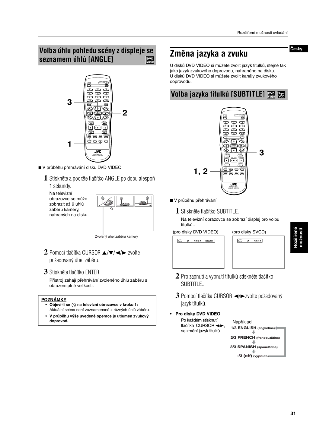 JVC XV-S302SL manual Změna jazyka a zvuku, Volba jazyka titulků Subtitle, Stiskněte tlačítko Subtitle, Pro disky DVD Video 