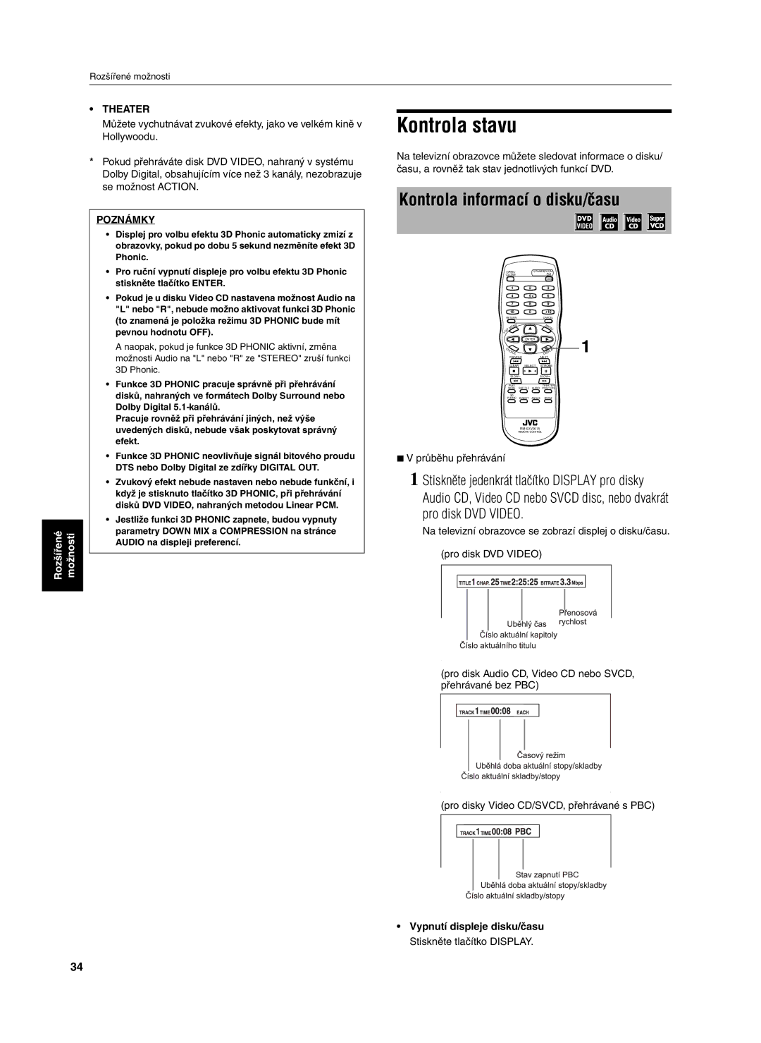 JVC XV-S302SL manual Kontrola stavu, Kontrola informací o disku/času, Theater 