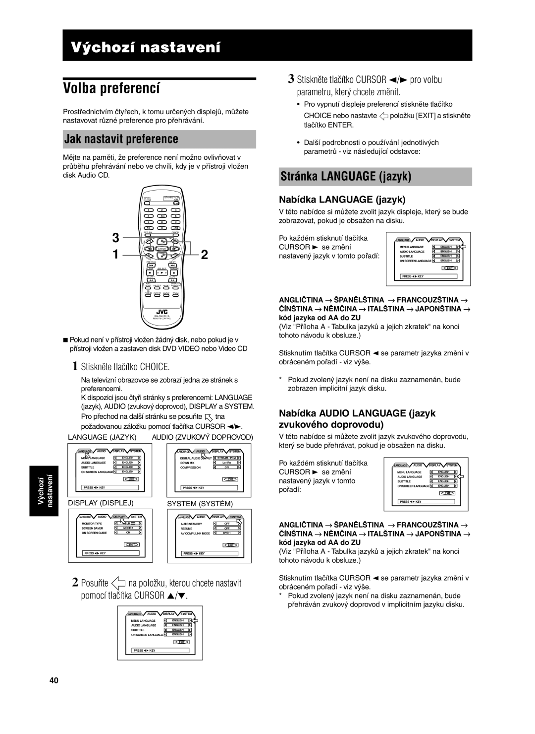 JVC XV-S302SL manual Volba preferencí, Jak nastavit preference, Stránka Language jazyk, Nabídka Language jazyk 