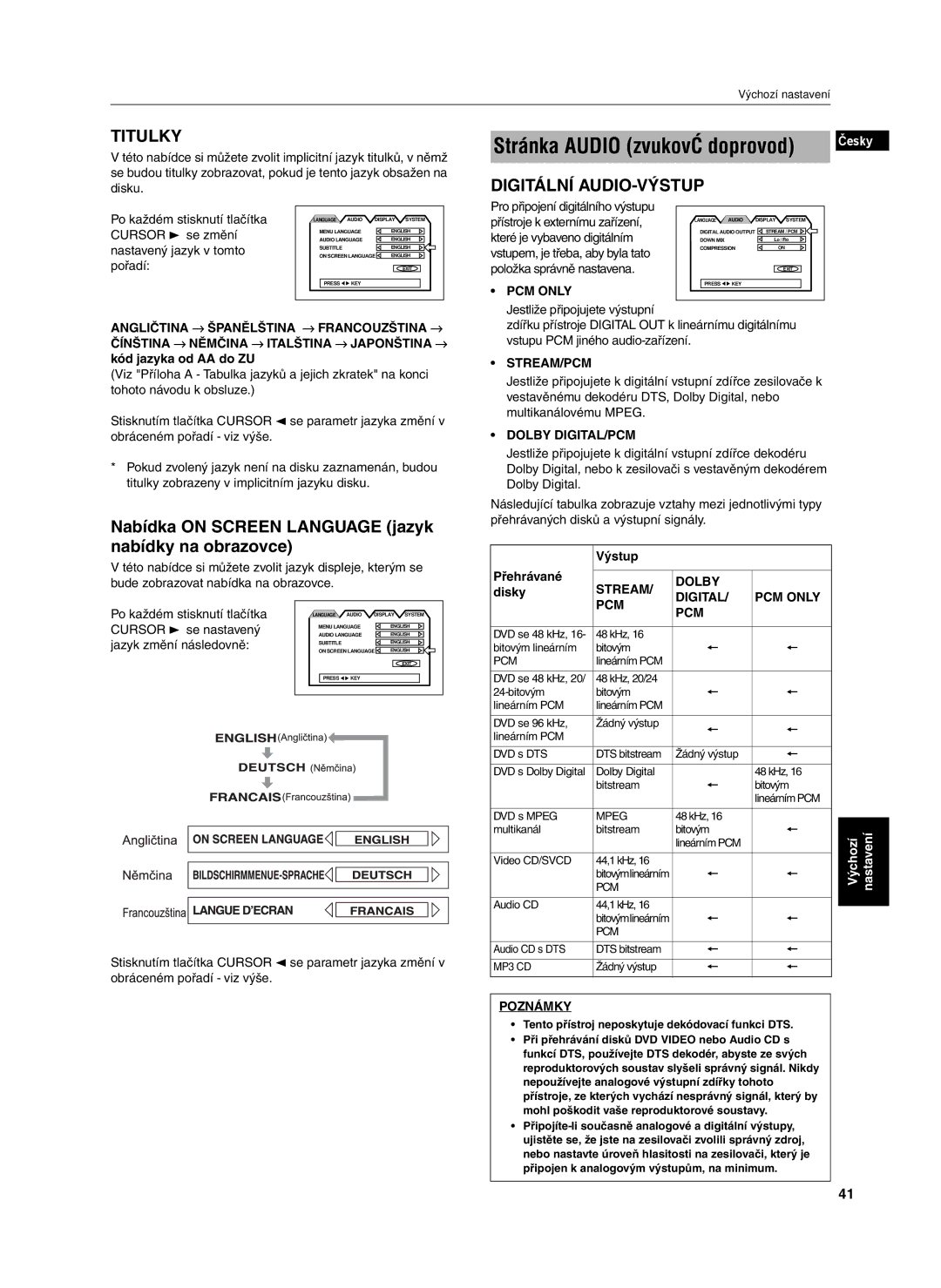 JVC XV-S302SL manual Nabídka on Screen Language jazyk nabídky na obrazovce 