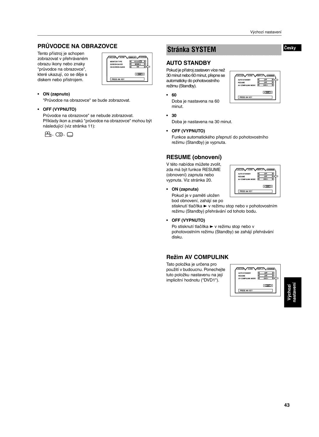 JVC XV-S302SL manual Resume obnovení, Režim AV Compulink 