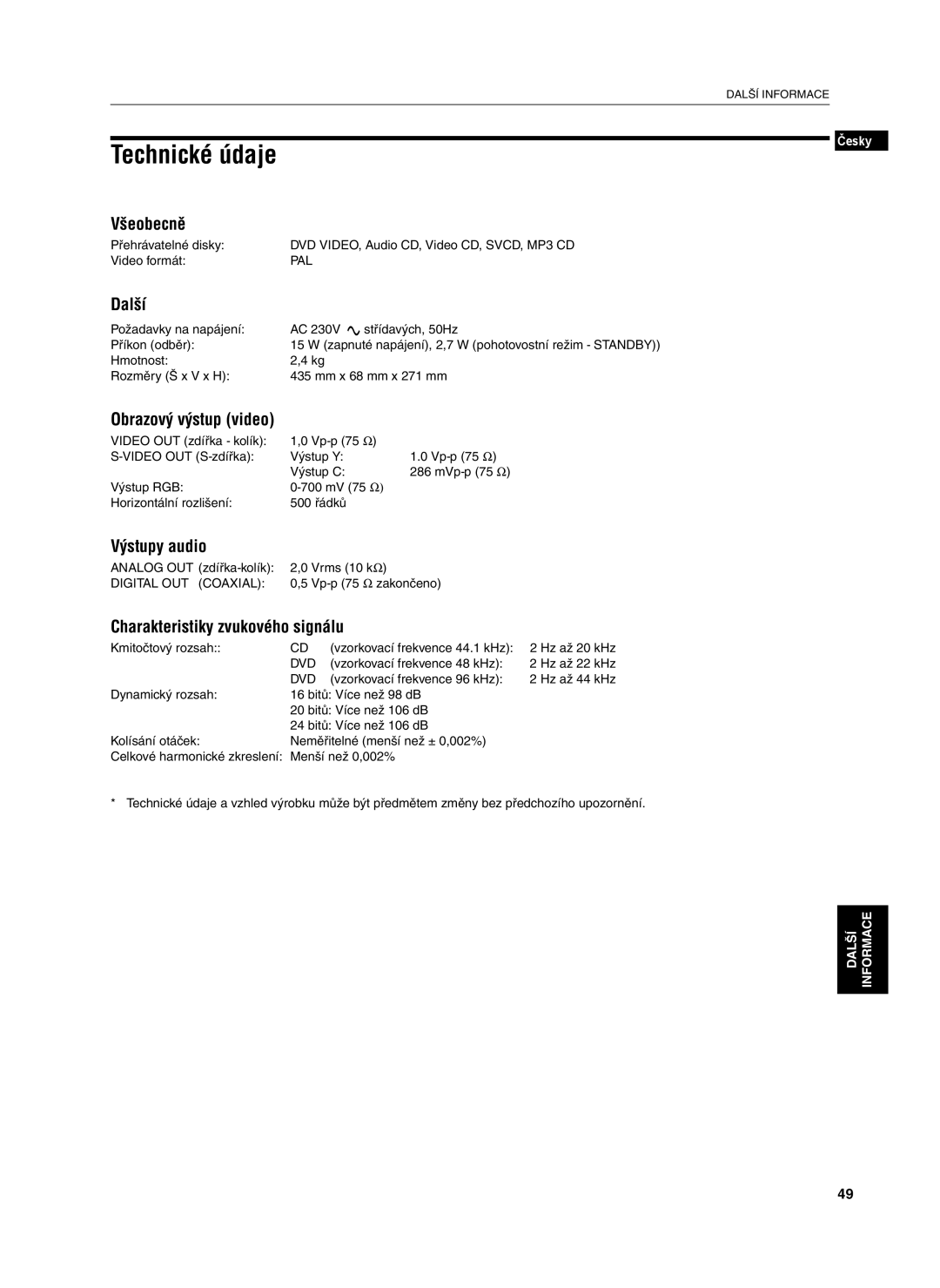 JVC XV-S302SL manual Technické údaje 