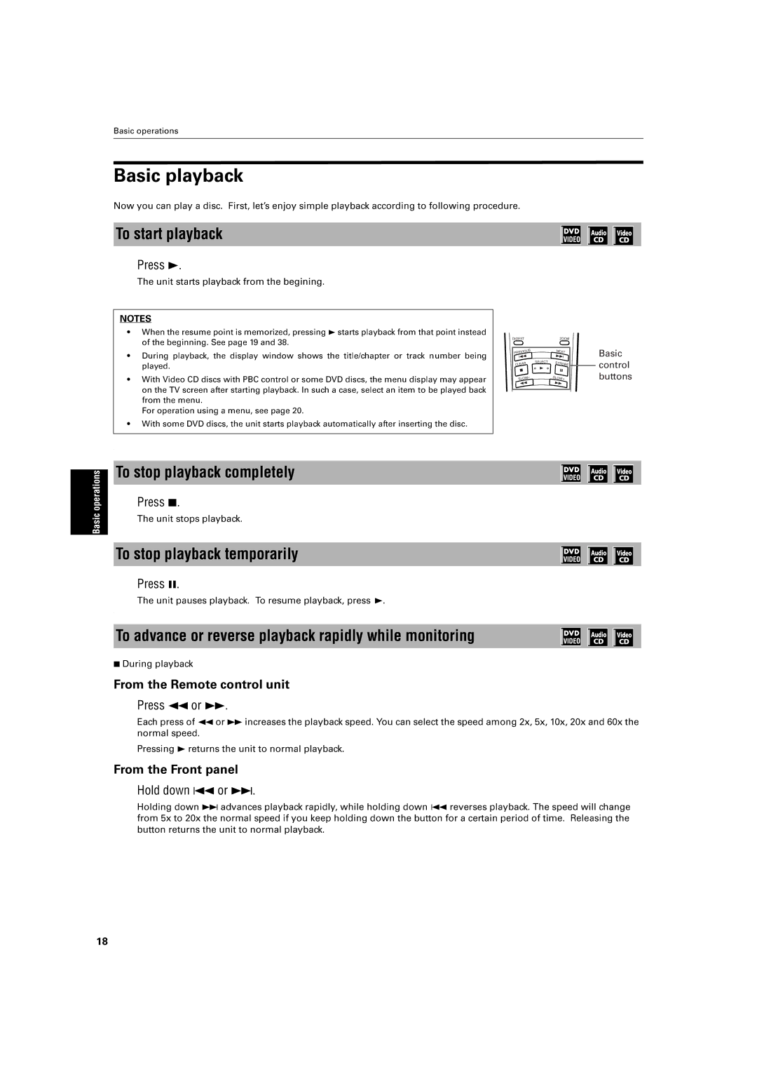 JVC XV-S30BK manual To stop playback completely, To stop playback temporarily 