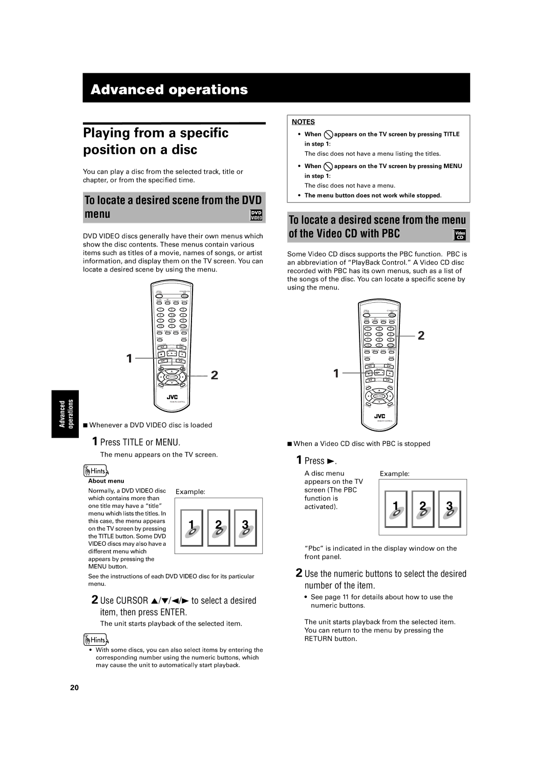 JVC XV-S30BK manual Playing from a specific, Menu, Video CD with PBC, VIDEOdiscsmayalsohavea 