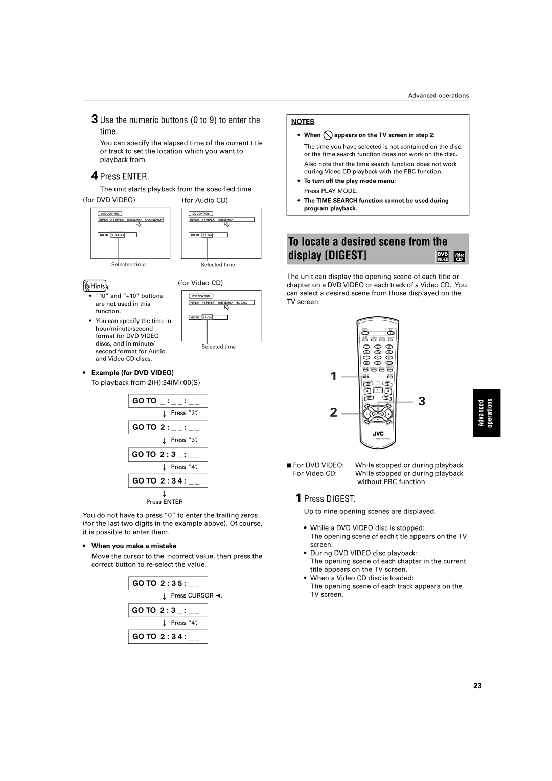 JVC XV-S30BK manual Display Digest, ThePr ssunitNTERstarts.playbackfromthespecifiedtime 