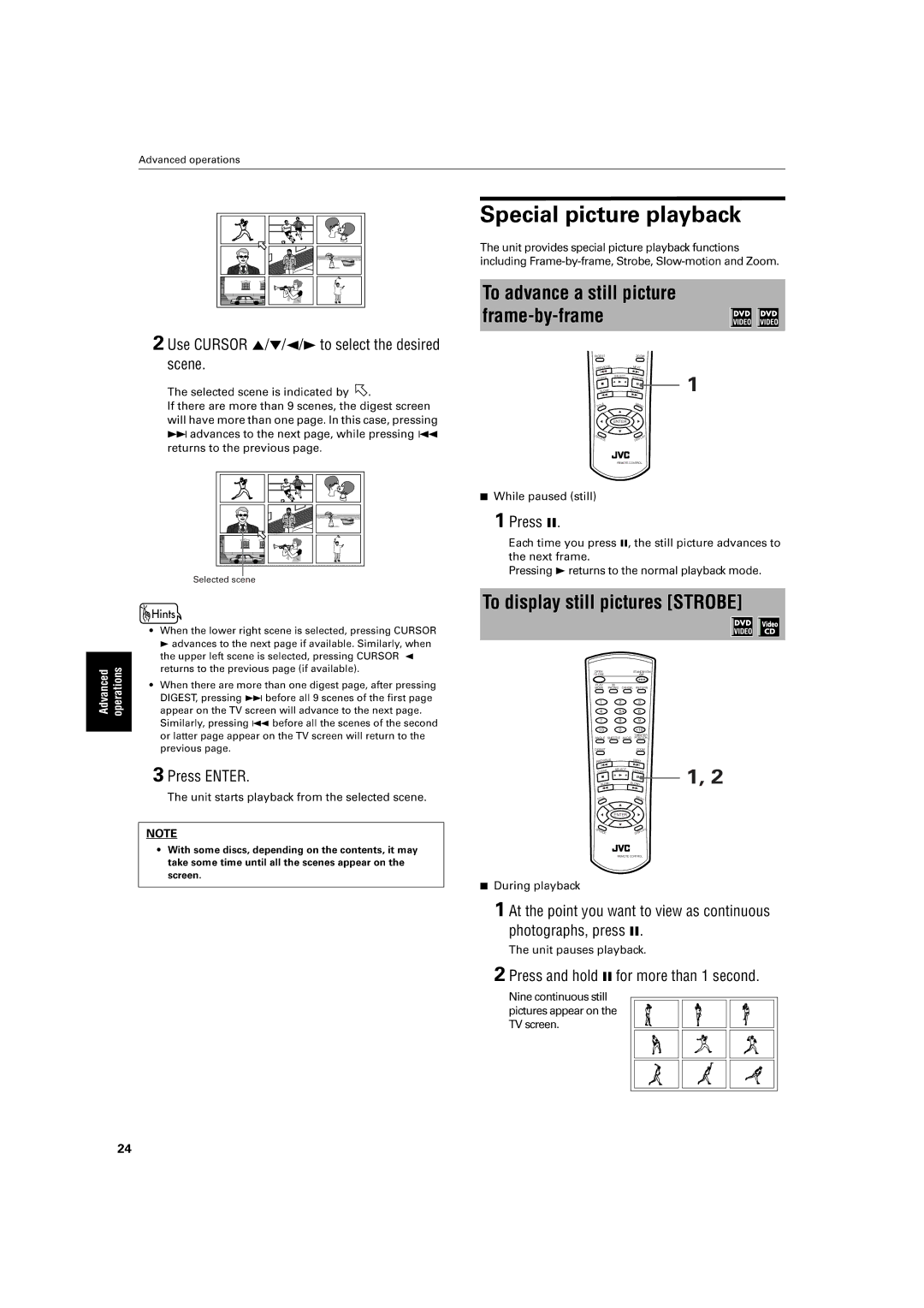 JVC XV-S30BK manual To display still pictures Strobe, Retur, Similarly,prssing4beforeallthescenesofthesecond 