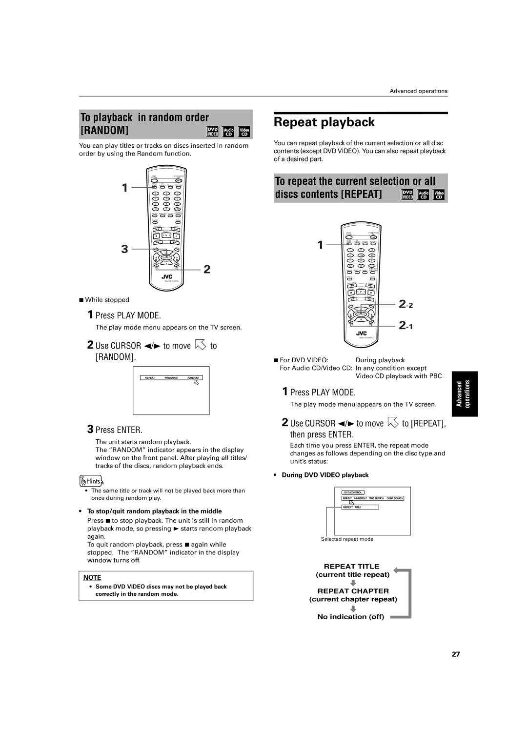 JVC XV-S30BK manual To playback in random order, Whilestopped, ThePr ssplayPLAYmodeMODEmenu. appearsontheTVscreen 