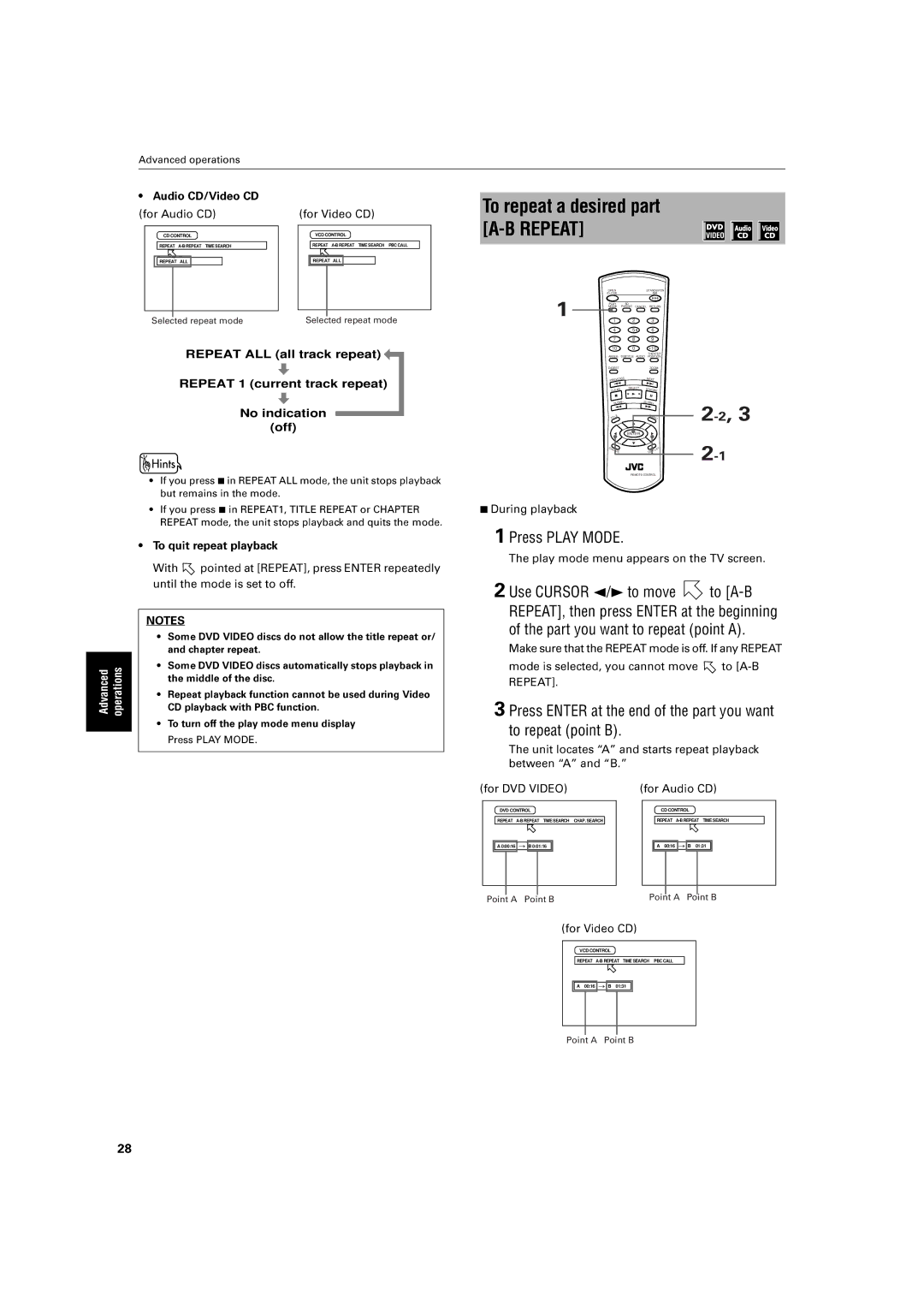 JVC XV-S30BK manual Screen, To repeat a desired part A-B Repeat, That, To A-B, Press Enter at the beginning 