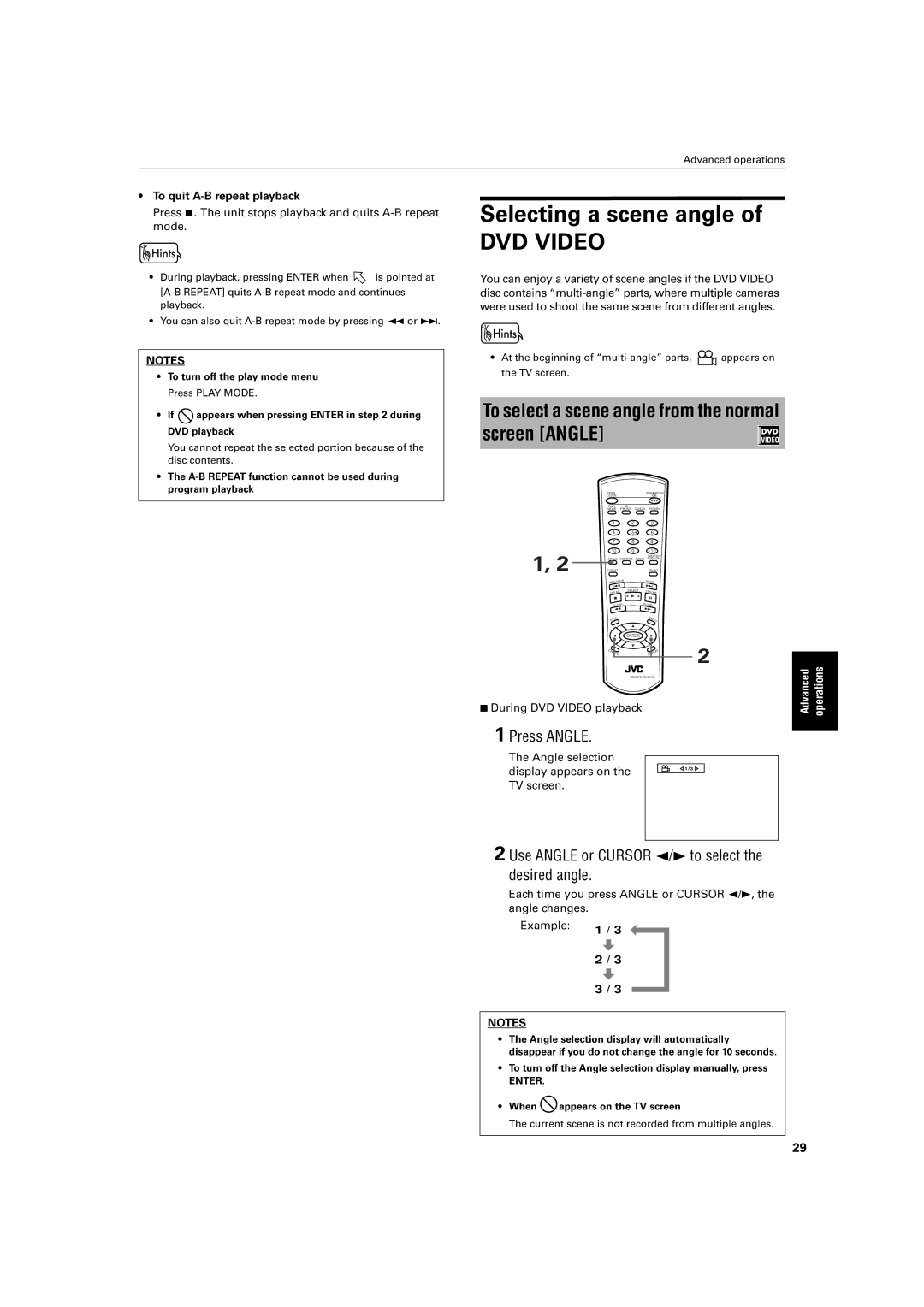 JVC XV-S30BK manual Selectingvariety scene angle, To select a scene angle from the normal screen Angle, During 