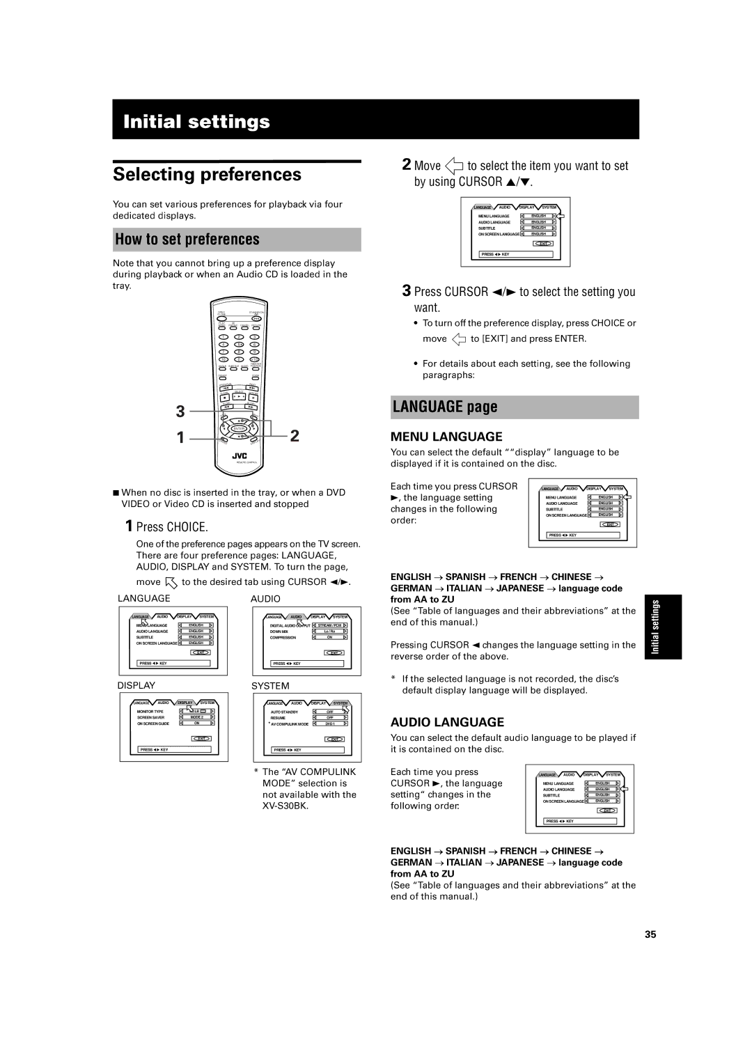 JVC XV-S30BK manual How to set preferences, Language, Move to select the item you want to set by using Cursor, VIDEOorVideo 