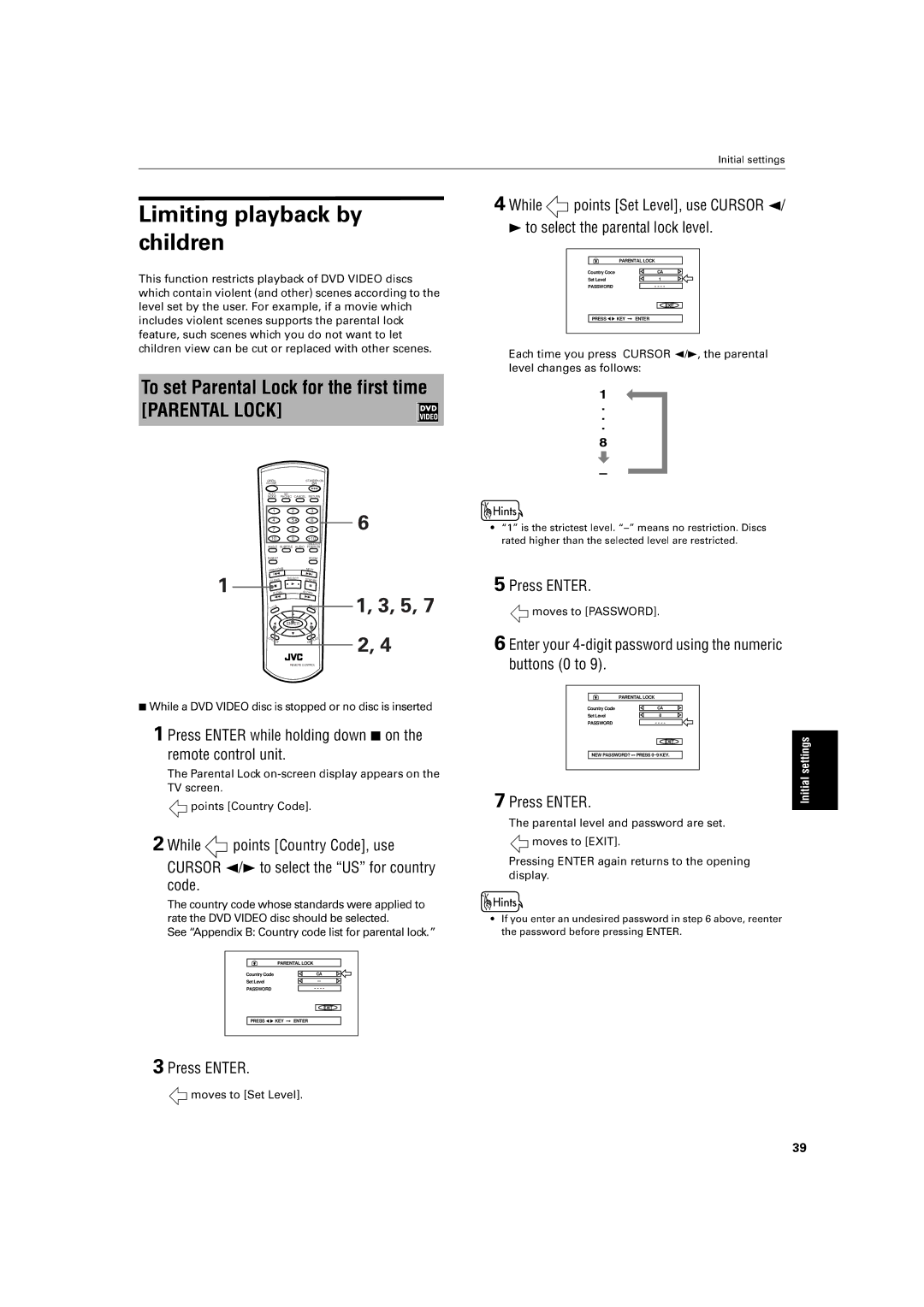 JVC XV-S30BK manual To set Parental Lock for the first time, Pr ss Enter while holding down 7 on, PressingENTERSet Level 