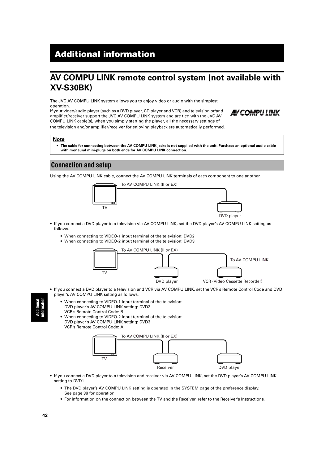 JVC XV-S30BK manual AV Compu Link remote control system not available with, Follows, ÏThecable, ÏIfyuconectaDVD 